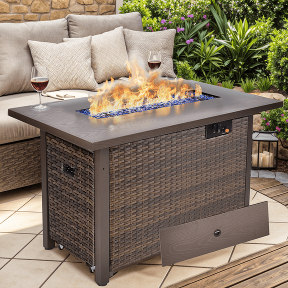 TANGJEAMER42" 55,000 BTU Outdoor Propane Fire Pit Table with Tempered Glass Beads & Waterproof Cover Hand-Woven Rattan Design with Pull-Out Drawer & Protective Lid