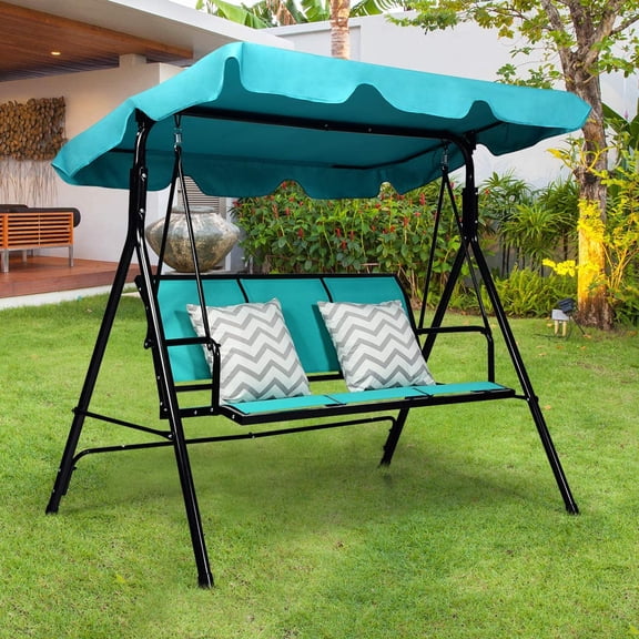 TANGKULA 3 Person Swing with Adjustable Canopy, Steel Frame Outdoor Porch Swing Bench for Garden Poolside Balcony, Turquoise