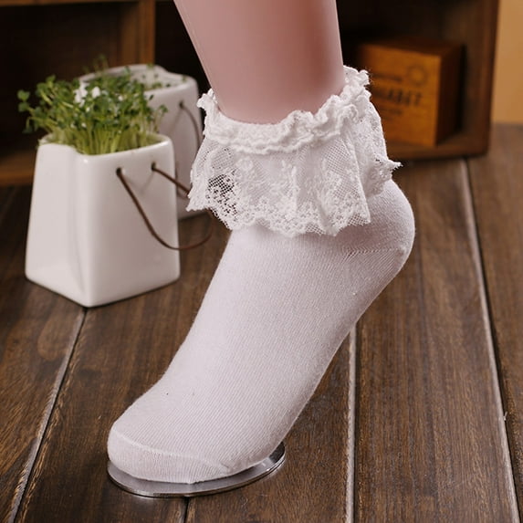 TANGNADE Ankle Socks for Women 1 Pair Lace Ruffle Frilly Comfortable Cute Cotton Ladies Girl Socks White