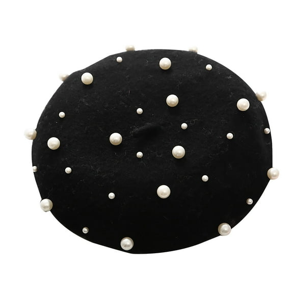 Black Pearl Beret Hats for Women Pearl Elegant Sweet Artist French Style Beanie Cap Summer Hats Black