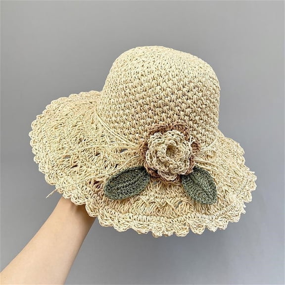 TANGNADE Bucket Hats for Woman Elegant Crochet Hat With Ruffle Detail Womens Summer Beach Wide Brim Sun Summer Hats Beige