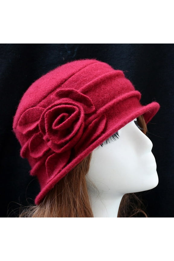 Bucket Hats for Woman Women's Ladies Elegant Wool Flower Hat Winter Vintage Cloche Cap Summer Hats Red