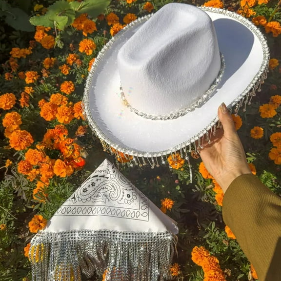 TANGNADE Cowboy Hats for Women Hat Elegant Pendant Tassel Scarf Dating Decoration Two Piece Set Summer Hats White