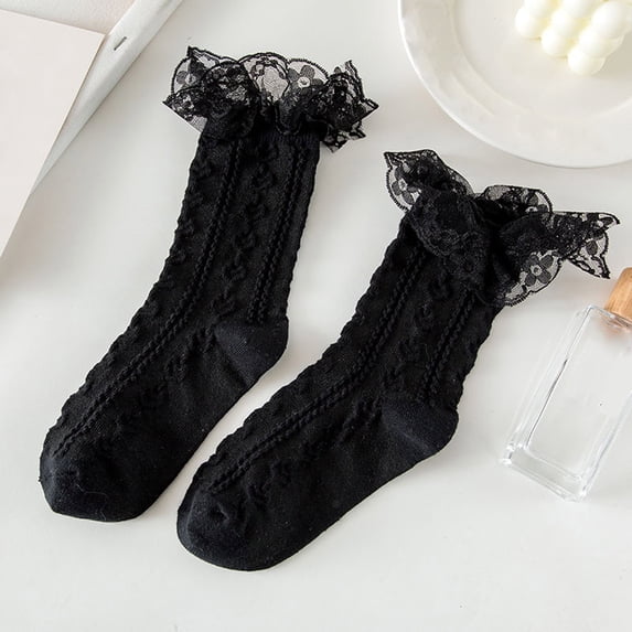 TANGNADE Crew Socks for Women Lace Ruffle Frilly Cotton Cute Ankle Dress Girl White Black Mesh Trim High Socks Black