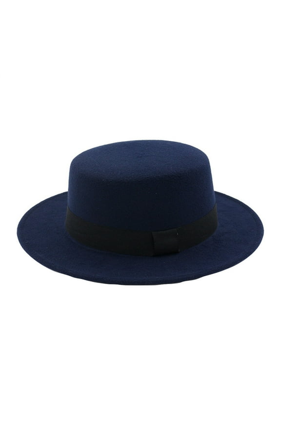 Fedora Hats for Women Wide Brim Wool Felt Flat Top Hat Party Church Trilby Cap Summer Hats Navy