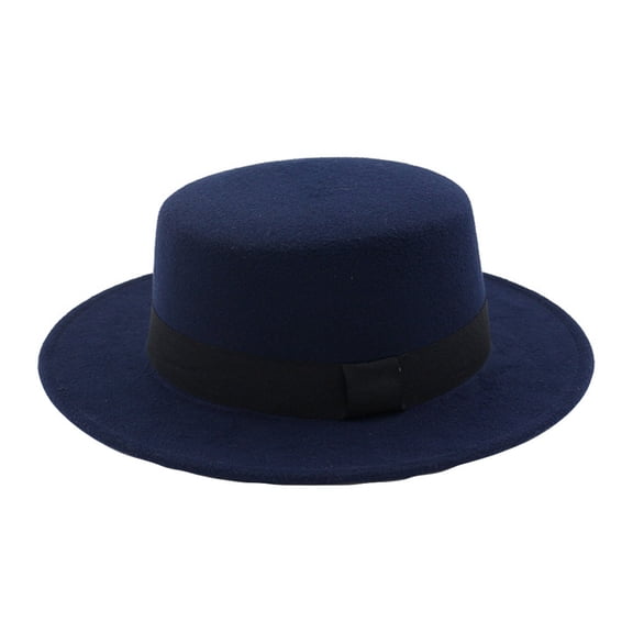 TANGNADE Fedora Hats for Women Wide Brim Wool Felt Flat Top Hat Party Church Trilby Cap Summer Hats Navy