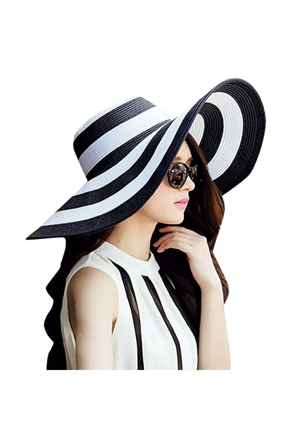 Floppy Hats for Women Big Bowknot Straw Hat Stripe Foldable Roll up Beach Cap Sun Summer Hats Black