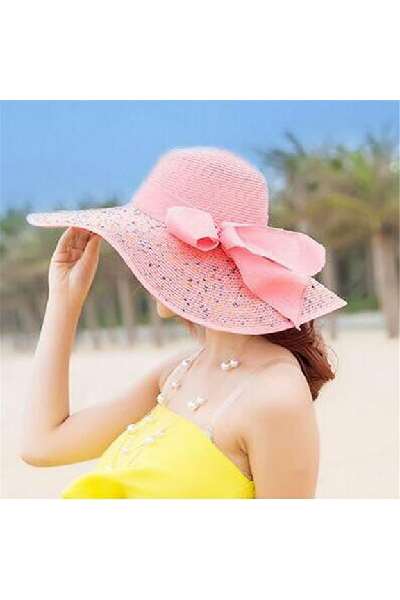 Floppy Hats for Women Colorful Big Brim Straw Bow Hat Sun Wide Beach Cap Summer Hats Pink