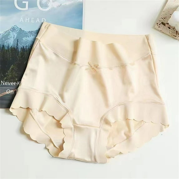 TANGNADE High Waisted Underwear for Women Plus Size Womens Premium Satin Ice Silk Waist Panties Seamless Shaping Briefs Pantie Panties Beige