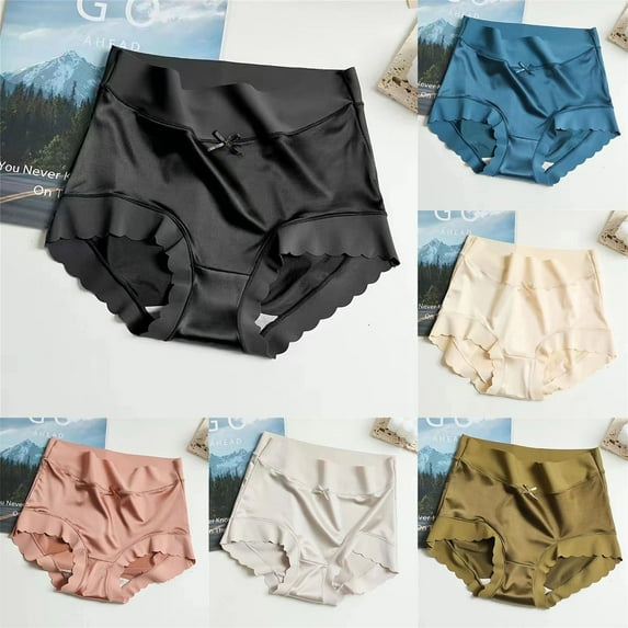 TANGNADE High Waisted Underwear for Women Plus Size Womens Premium Satin Ice Silk Waist Seamless Shaping Briefs Pantie Panties Dark Blue
