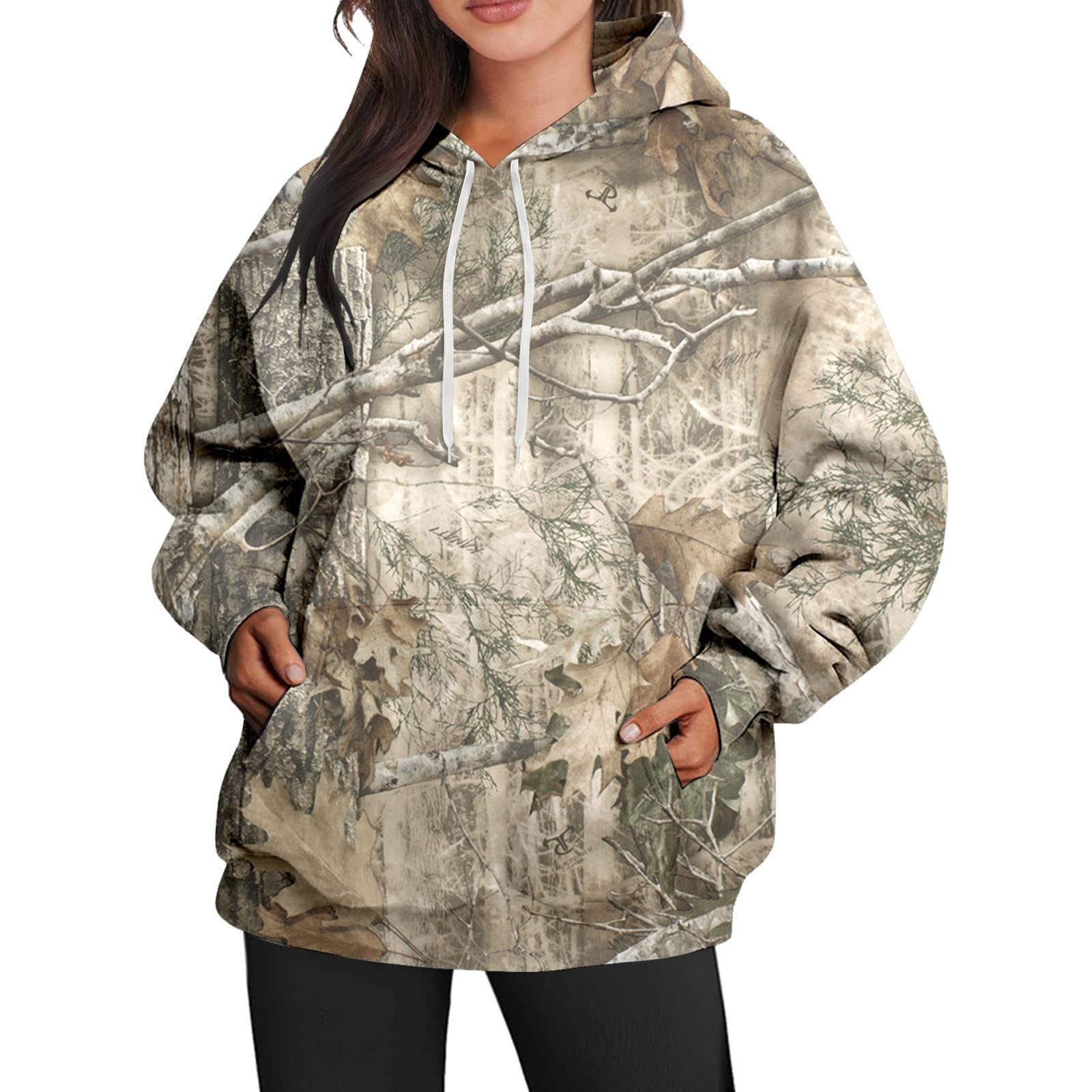 TANGNADE Hoodies For Women Womens Camo Hoodie Maple Leaf Print Fleece