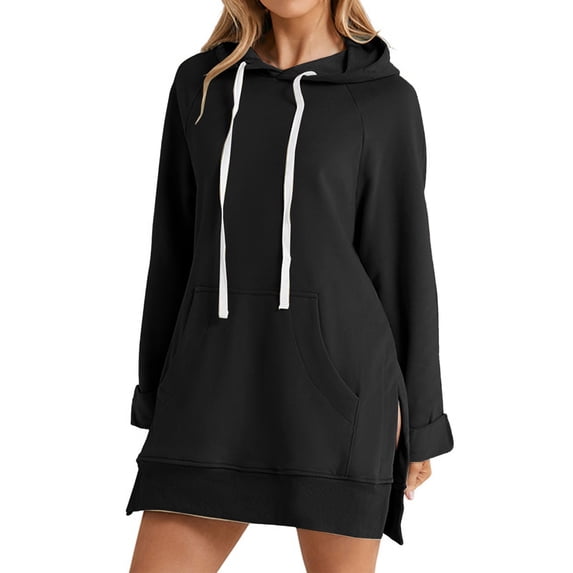 TANGNADE Oversized Hoodie Dress First Ones Hoodies Women's Casual Pullover Long Sleeve Split Hem, Black S