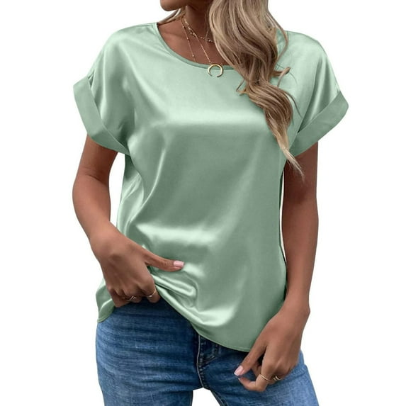 TANGNADE Spring and Summer Women's Short Sleeved Satin Shirt Loose Casual Round Neck T, Green M