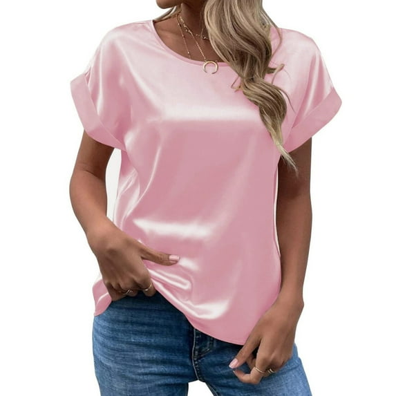 TANGNADE Spring and Summer Women's Short Sleeved Satin Shirt Loose Casual Round Neck T, Red XL