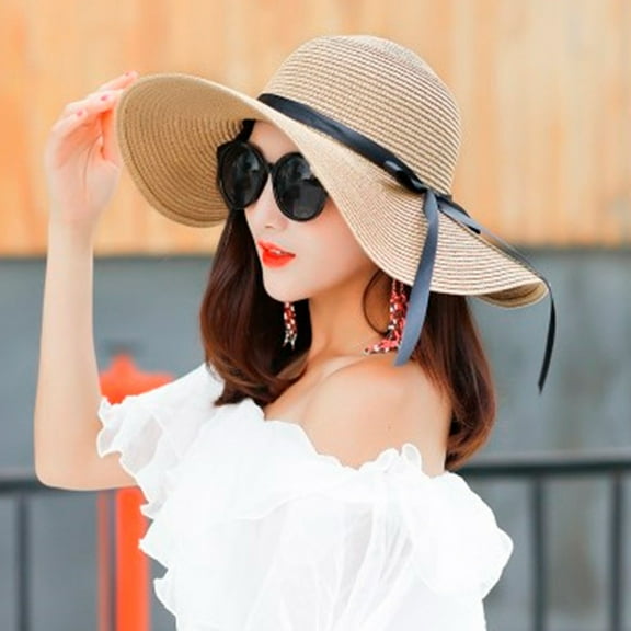TANGNADE Sun Hats for Women Big Brim Straw Hat Floppy Wide Bowknot Folding Beach Cap Summer Hats Khaki