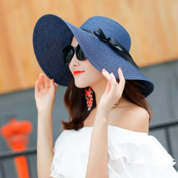 TANGNADE Sun Hats for Women Big Brim Straw Hat Floppy Wide Bowknot Folding Beach Cap Summer Hats Navy