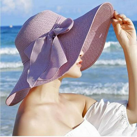 TANGNADE Sun Hats for Women Big Brim Straw Hat Floppy Wide New Bowknot Folding Beach Cap Summer Hats Purple