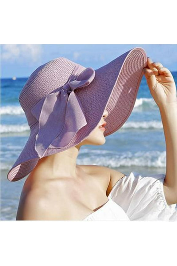 Sun Hats for Women Big Brim Straw Hat Floppy Wide New Bowknot Folding Beach Cap Summer Hats Purple