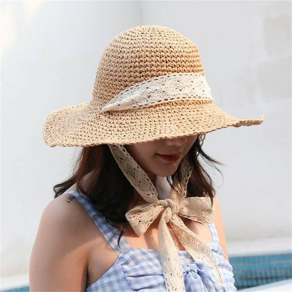 TANGNADE Sun Hats for Women Foldable Crochet Knit Lace Tie Large Brim Hat Sunhat Summer Hats Khaki