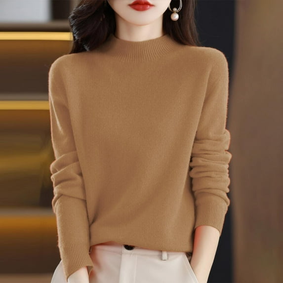 TANGNADE Sweaters for Women Women's Semi Turtleneck Sweater Long Sleeve Solid Color Pullover with A Base Shirt Autumn And Winter Warm Loose Sweater Gold 2XL