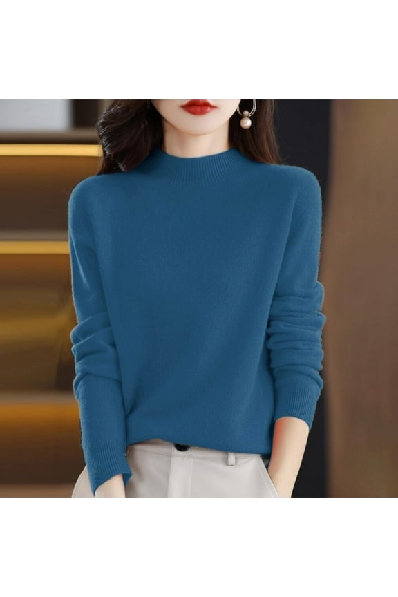 Women Outerwear Sweatshirt Women's Semi Turtleneck Sweater Long Sleeve Solid Color Pullover with A Base Shirt Autumn And Winter Warm Loose Womens Blue M