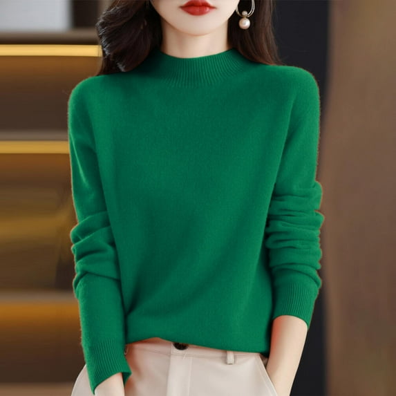 TANGNADE Sweaters for Women Women's Semi Turtleneck Sweater Long Sleeve Solid Color Pullover with A Base Shirt Autumn And Winter Warm Loose Sweater Green S