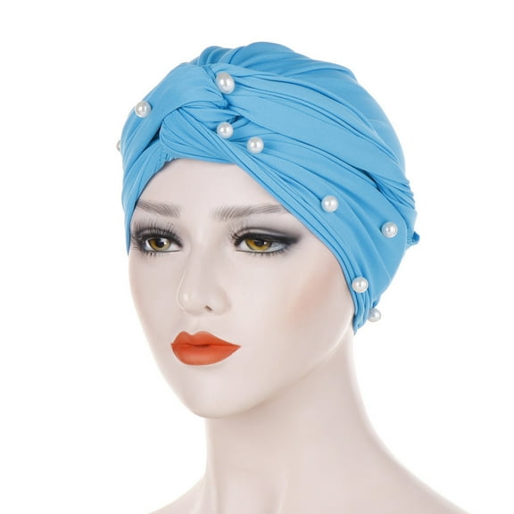 TANGNADE Turbans for Women Pearl Beading India Hat Muslim Ruffle Cancer Chemo Beanie Turban Wrap Cap Summer Hats Blue