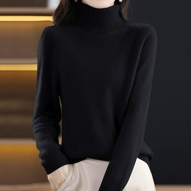 TANGNADE Women Knit Solid Color Pullover Sweater, Autumn New Turtleneck Sweater Ladies Loose Large Size Thick Knitted Sweater Bottom Shirt Black M