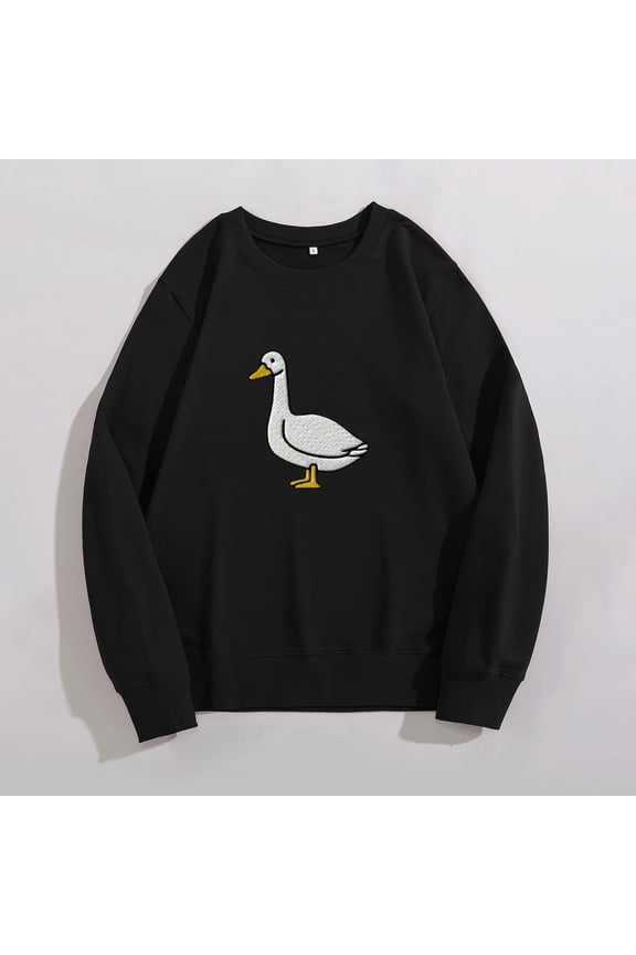 Women Outerwear Sweatshirt Goose Print Pattern Fashionable Casual Round Neck Sweater Loose Fitting Pullover for Women Goose Womens Sweater Black XXL
