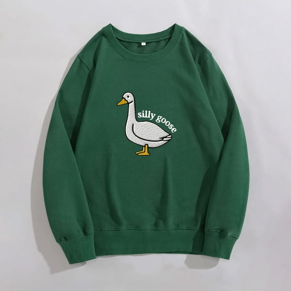 TANGNADE Women Outerwear Sweatshirt Goose Print Pattern Fashionable Casual Round Neck Sweater Loose Fitting Pullover for Women Goose Womens Sweater Green S