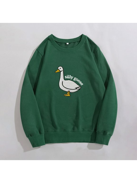 Women Outerwear Sweatshirt Goose Print Pattern Fashionable Casual Round Neck Sweater Loose Fitting Pullover for Women Goose Womens Sweater Green S