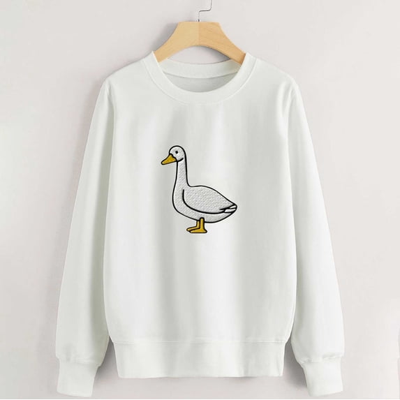 TANGNADE Women Outerwear Sweatshirt Goose Print Pattern Fashionable Casual Round Neck Sweater Loose Fitting Pullover for Women Goose Womens Sweater White M