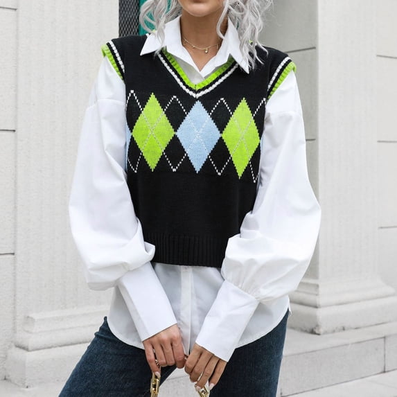 TANGNADE Women Short Vest with Stripe Knit Uniform Sleeveless Sweater for Womens Knitted V Neck Diamond Plaid Crop Tank Tops Green L