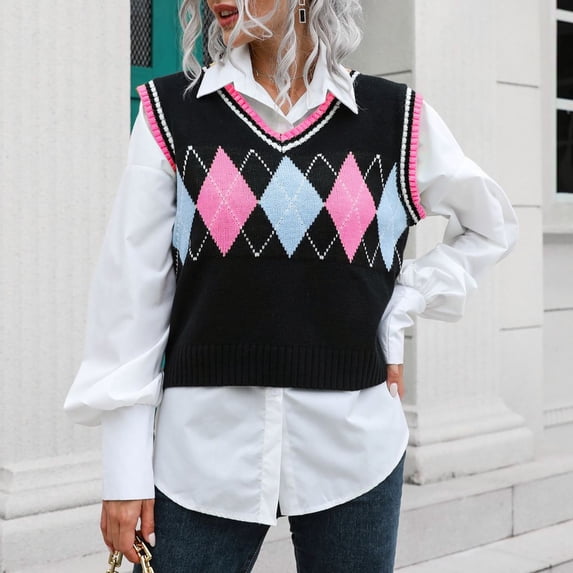 TANGNADE Women Short Vest with Stripe Knit Uniform Sleeveless Sweater for Womens Knitted V Neck Diamond Plaid Crop Tank Tops Pink S