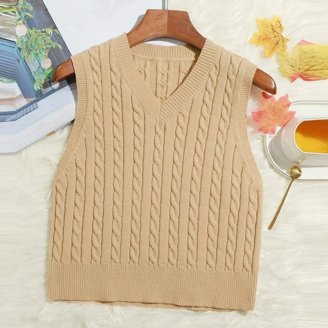 TANGNADE Women Solid Color V-Neck Sweater Vest Casual Print Sleeveless V Neck Ribbed Knit Split Pullover Vest Blouse Khaki XL