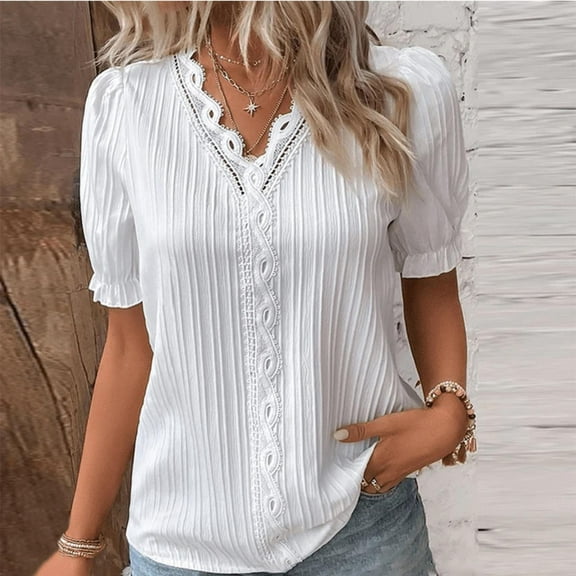 TANGNADE Women Summer Lace V Neck Plain Elegant Shirt Fashion Solid Color Blouse Short Sleeve Comfy Soft Tee, White XL