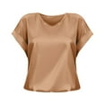 thumbnail image 1 of TANGNADE Women Tops Solid Color Short Sleeve Crew Neck Spring And Summer Women's Short Sleeved Satin Shirt Loose Casual Round Neck T Shirt Going Out Tops for Women Khaki L, 1 of 5