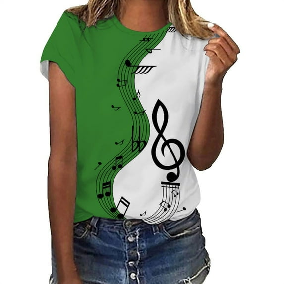 TANGNADE Women Vintage Musical Note Print Patchwork Summer Casual Tees, Fashion Crew Neck Short Sleeve Loose Top Green XXL