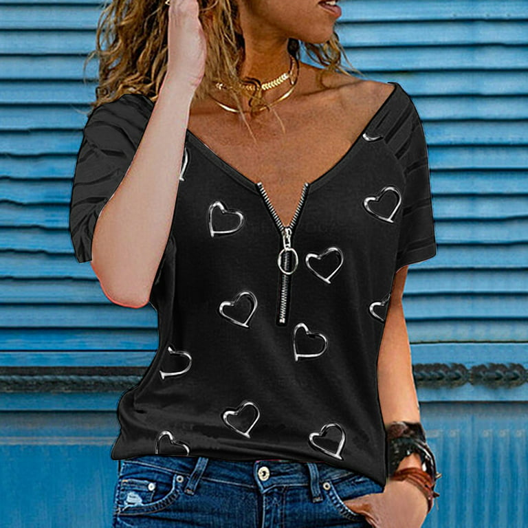 TANGNADE Women's Heart-Shaped T-shirt Zipper Decoration V-neck  Short-Sleeved Loose Top 