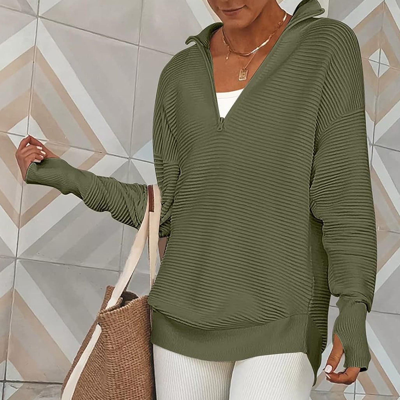 LYANER Women's Striped Sweater - Casual Half Zip Pullover With Baggy Fit Long Sleeve