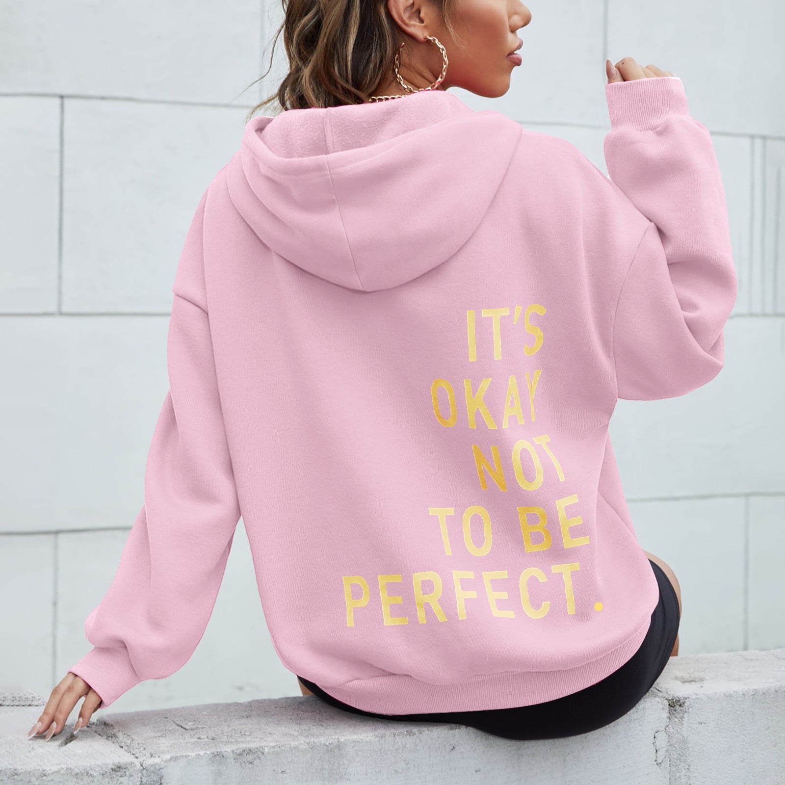 TANGNADE Women s Long Sleeved Zipperless Back IT S OKAY NOT to BE PERFECT. Printed Hoodie Pink 3XL