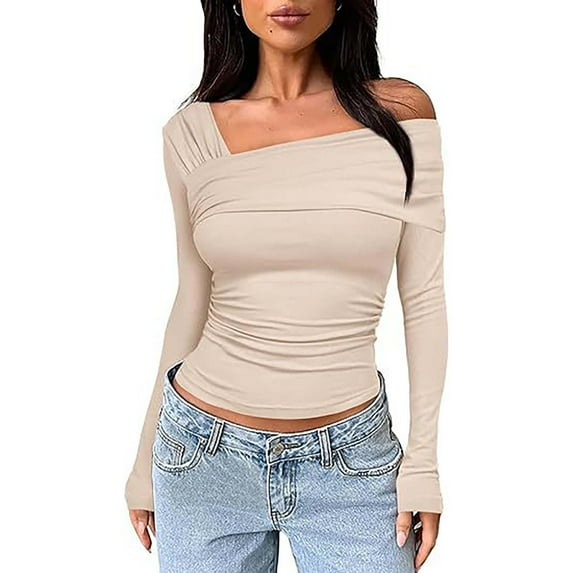 TANGNADE Women's One Off Shoulder Long Sleeve Top Ruched Going Out Tops Slim Fit Shirt Crop Sexy Blouse, Beige L
