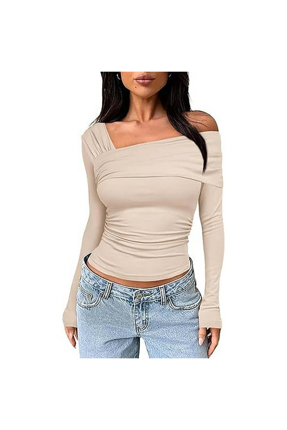 Women's One Off Shoulder Long Sleeve Top Ruched Going Out Tops Slim Fit Shirt Crop Sexy Blouse, Beige S
