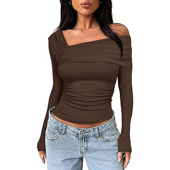 TANGNADE Women's One Off Shoulder Long Sleeve Top Ruched Going Out Tops Slim Fit Shirt Crop Sexy Blouse, Brown M