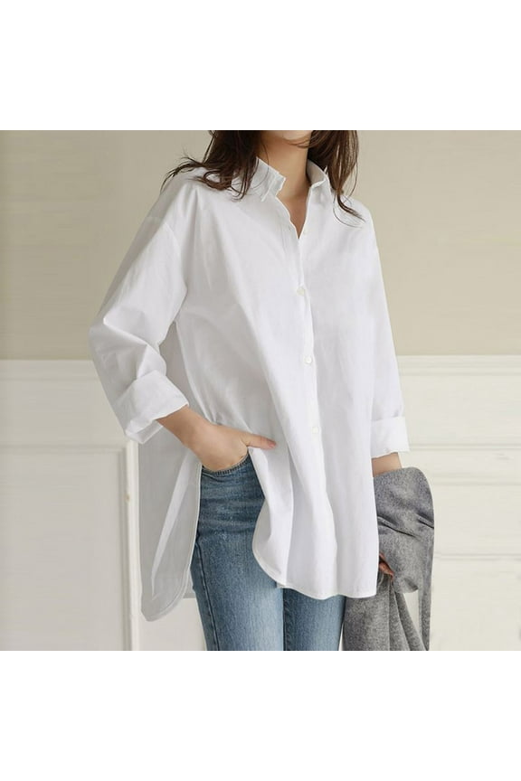 TANGNADE Women's Plus Size Solid Pocket Loose Blouse Casual Button Long Sleeve Shirt Top White + 5XL