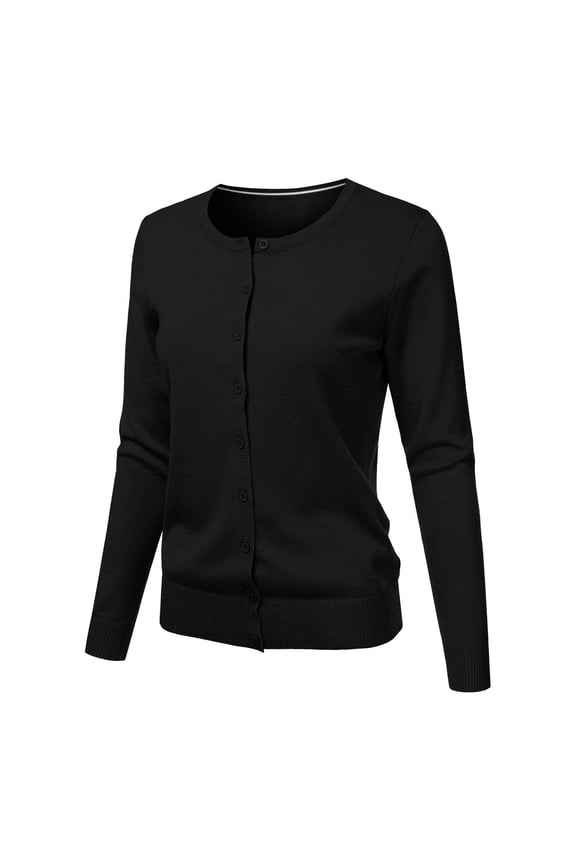 Women's Round Neck Cardigan Knitted Long Sleeved Large Yards Loose Solid Color Short Sweater Jacket, Black S