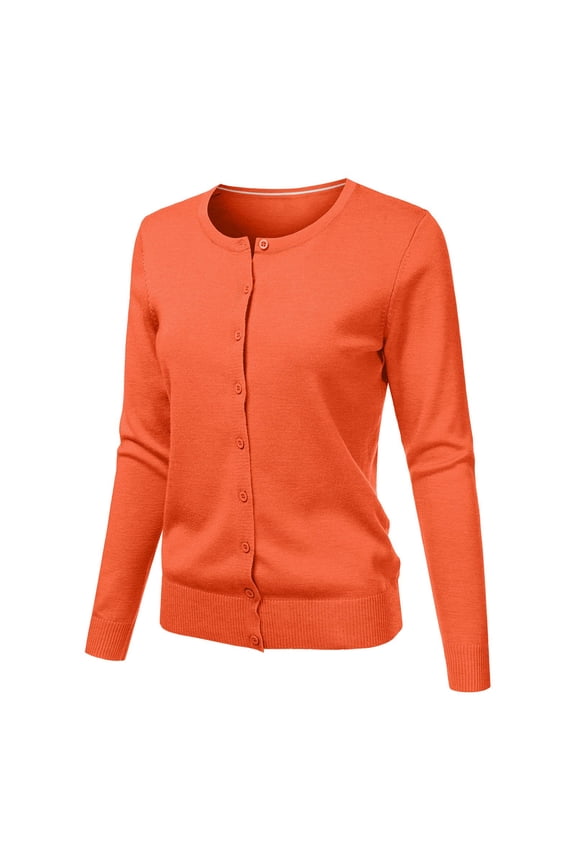 Women's Round Neck Cardigan Knitted Long Sleeved Large Yards Loose Solid Color Short Sweater Jacket, Orange XL