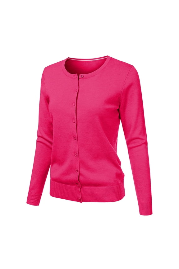 Women's Round Neck Cardigan Knitted Long Sleeved Large Yards Loose Solid Color Short Sweater Jacket, Pink L