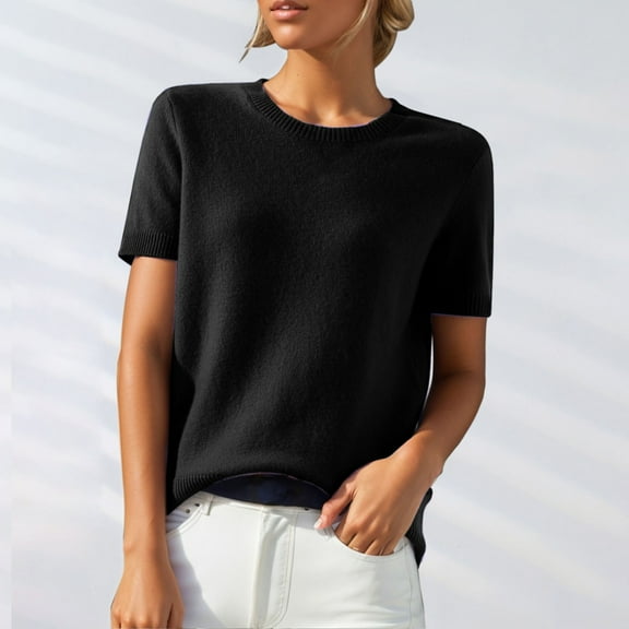 TANGNADE Women's Round Neck Short Sleeved Loose T Shirt with A Knit, Bottom Loose Fitting Comfy Summer Polyester Top Black XXL