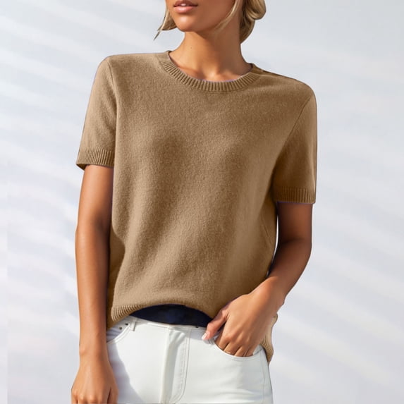 TANGNADE Women's Round Neck Short Sleeved Loose T Shirt with A Knit, Bottom Loose Fitting Comfy Summer Polyester Top Gold L